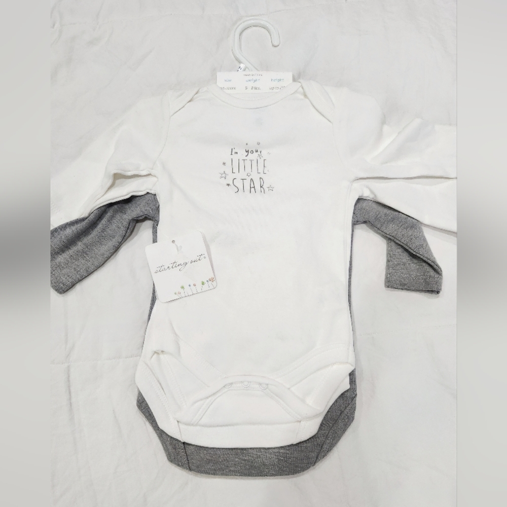 NWT Set of 3 Starting Out White Gray Stars Moon Cotton One-Piece Size Newborn NB
